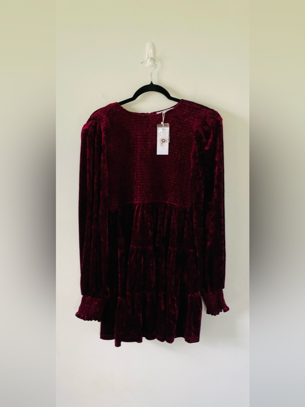 Baltic Born XL Velvet Smocked Tiered Babydoll Mini Dress Holiday Burgundy NWT